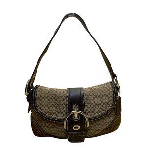 Vintage Coach Signature Brown Jacquard Suede Trim Buckle Detail Shoulder Bag